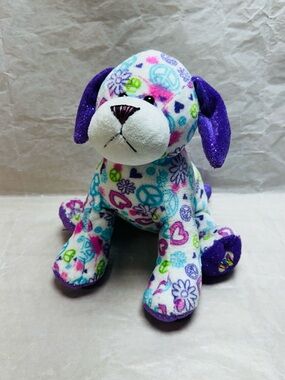 WEBKINZ GANZ Plush Puppy Toy - Purple & Multicolor Peace Signs